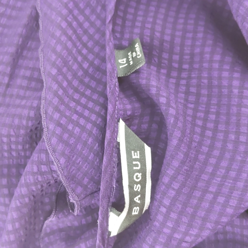 Basque Blouse Size 14 Purple Sheer Ruffle Short Sleeve Button-up Check Elastic - Picture 11 of 13